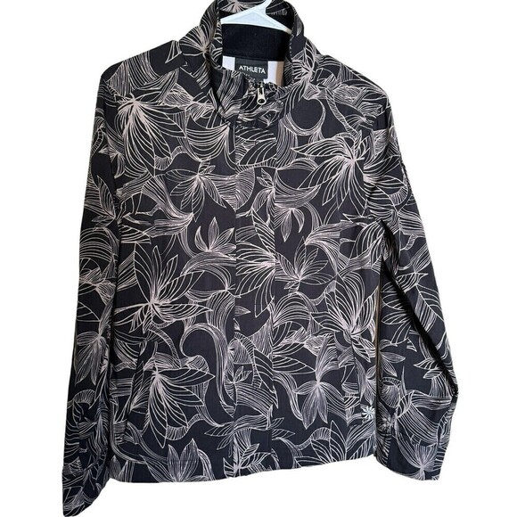 Athleta Odyssey Leaf Print Jacket Full Zip Magnetic Running Workout Black Sz M - Picture 1 of 11